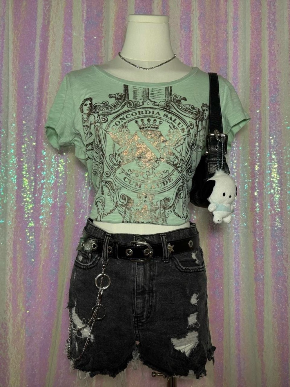 Merona Mint Green & Metallic Bronze Y2K Women's Graphic Tee Shirt ★彡